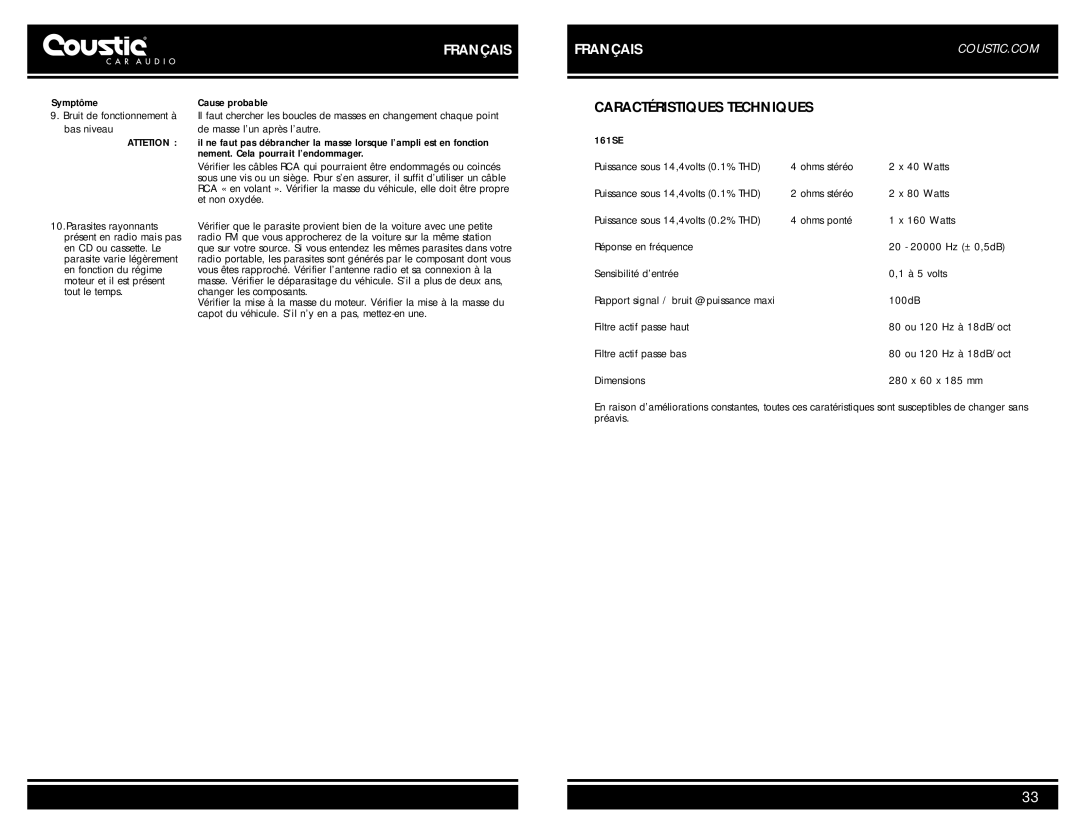 Coustic 161SE owner manual Caractéristiques Techniques, Attetion 