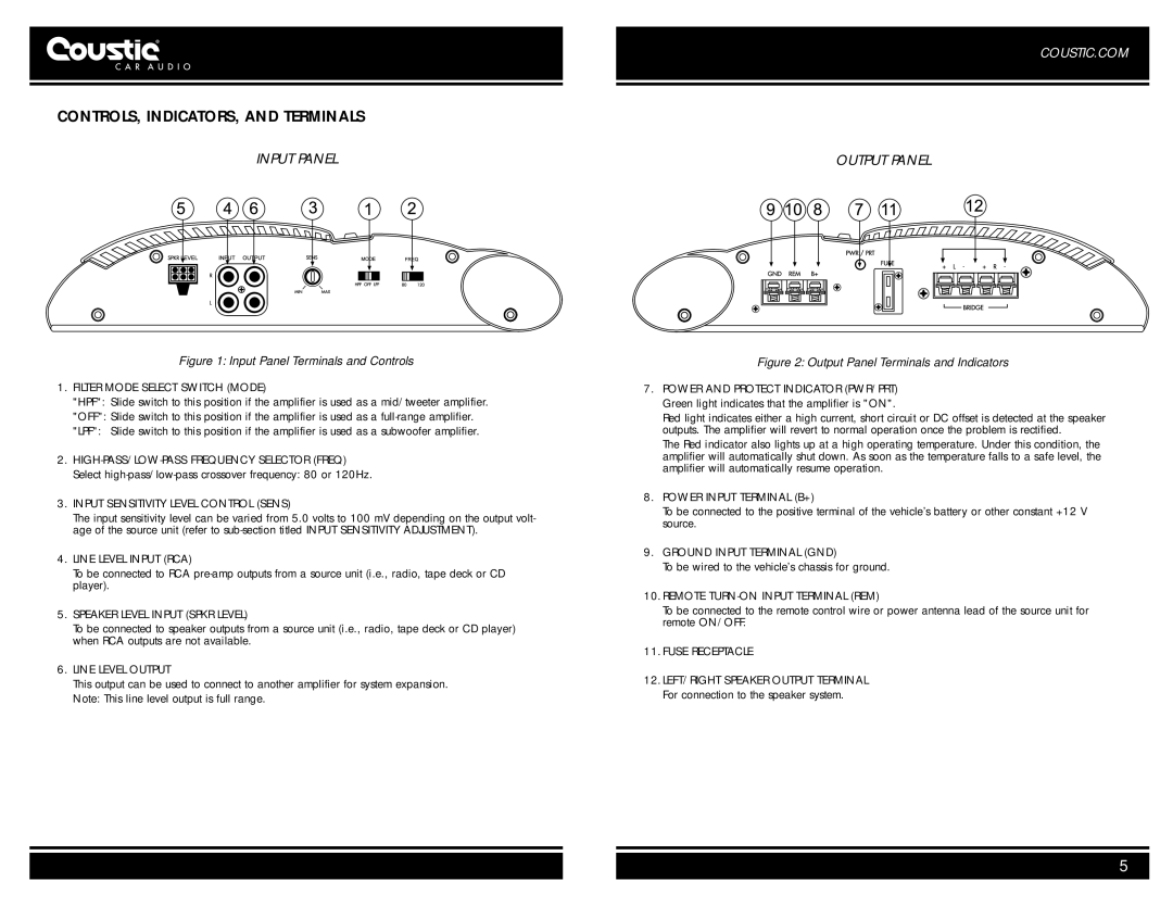 Coustic 161SE owner manual CONTROLS, INDICATORS, and Terminals 