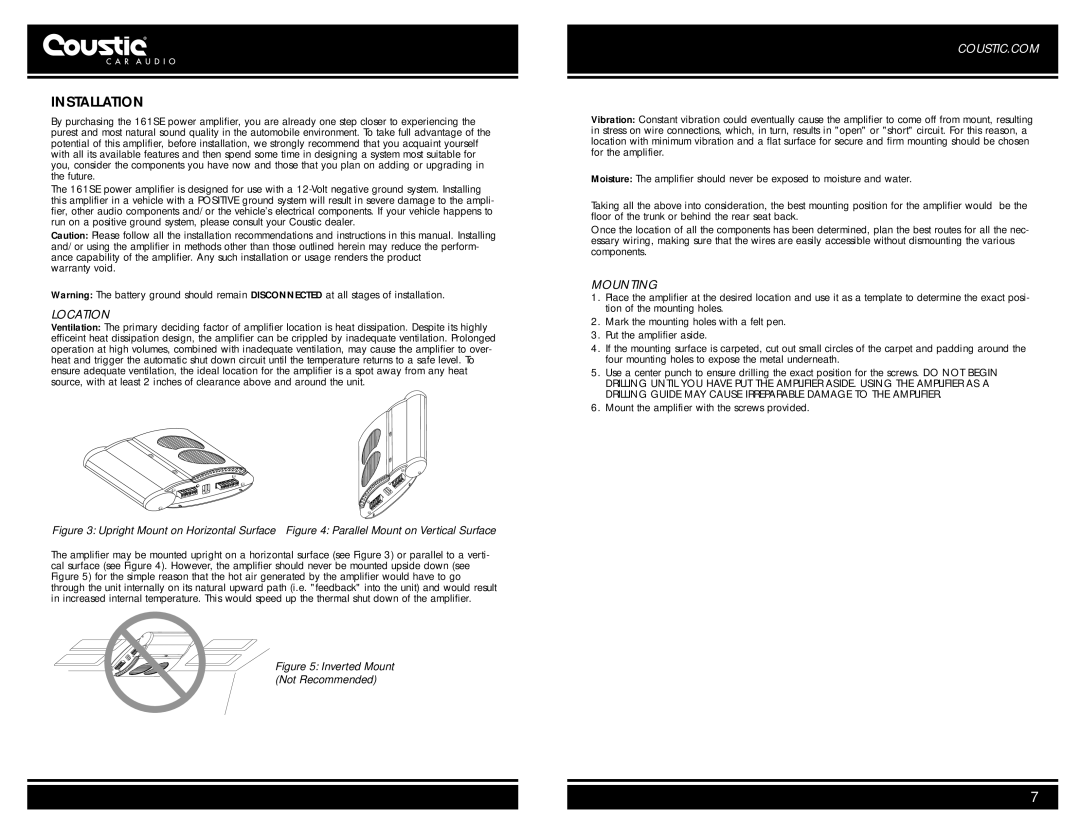 Coustic 161SE owner manual Installation, Location, Mounting 