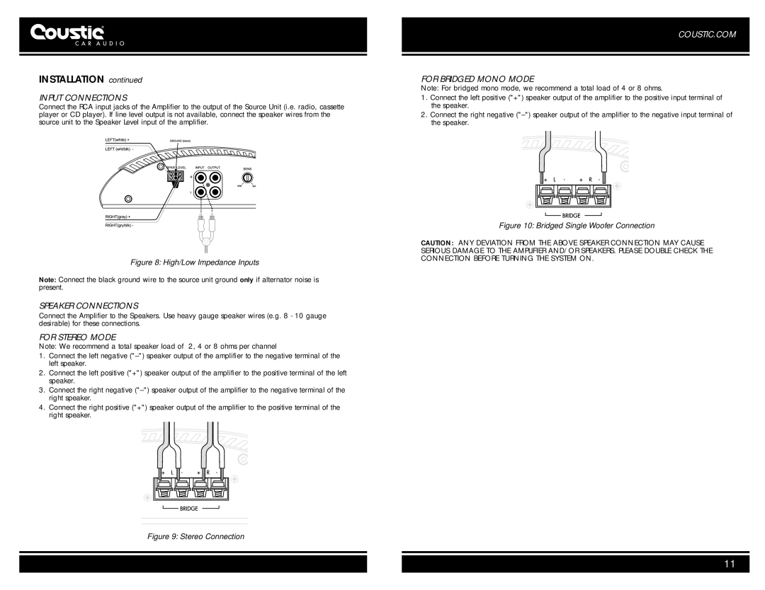 Coustic 161SE owner manual Input Connections, Speaker Connections, For Stereo Mode, For Bridged Mono Mode 