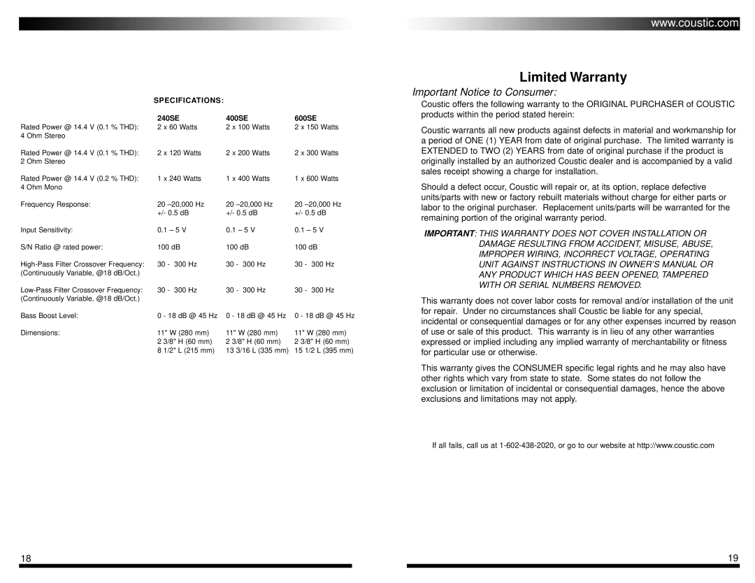 Coustic 240SE owner manual Limited Warranty 