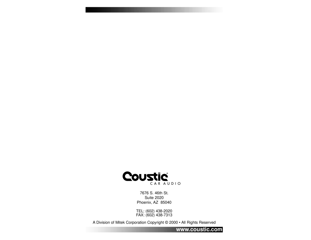 Coustic 240SE owner manual 7676 S. 46th St Suite Phoenix, AZ TEL, Fax 