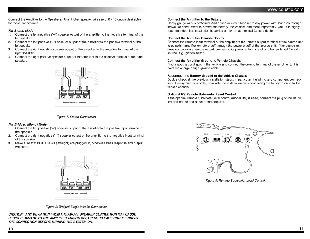 Coustic 240SE owner manual For Stereo Mode, Stereo Connection, For Bridged Mono Mode, Bridged Single Woofer Connection 