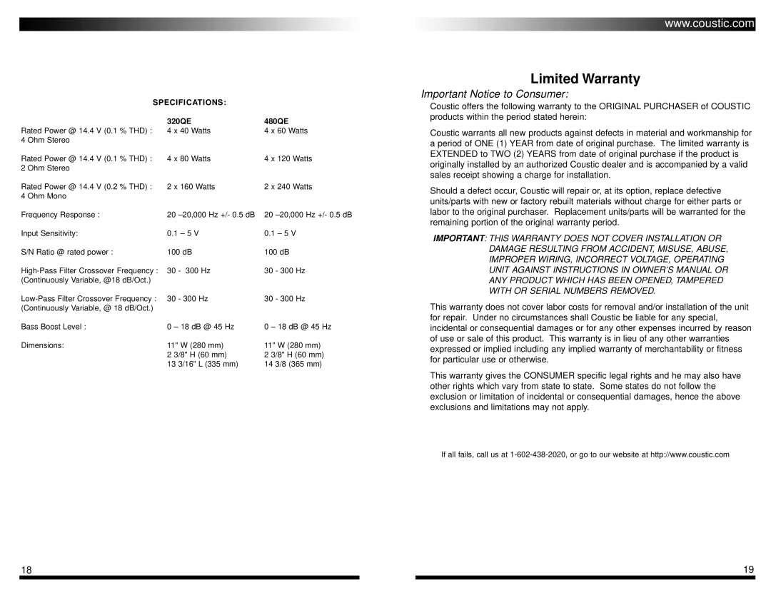 Coustic & 480QE owner manual Specifications, 320QE 480QE 