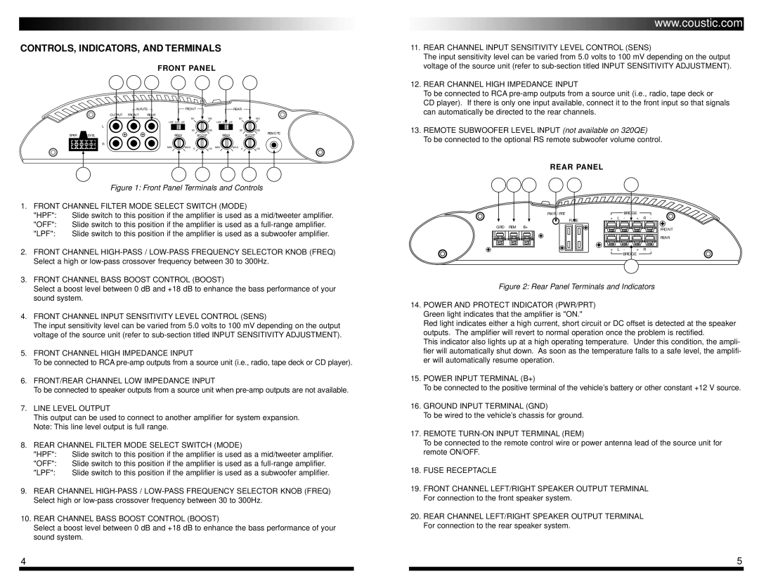 Coustic & 480QE, 320QE owner manual CONTROLS, INDICATORS, and Terminals, Front Panel, Rear Panel 