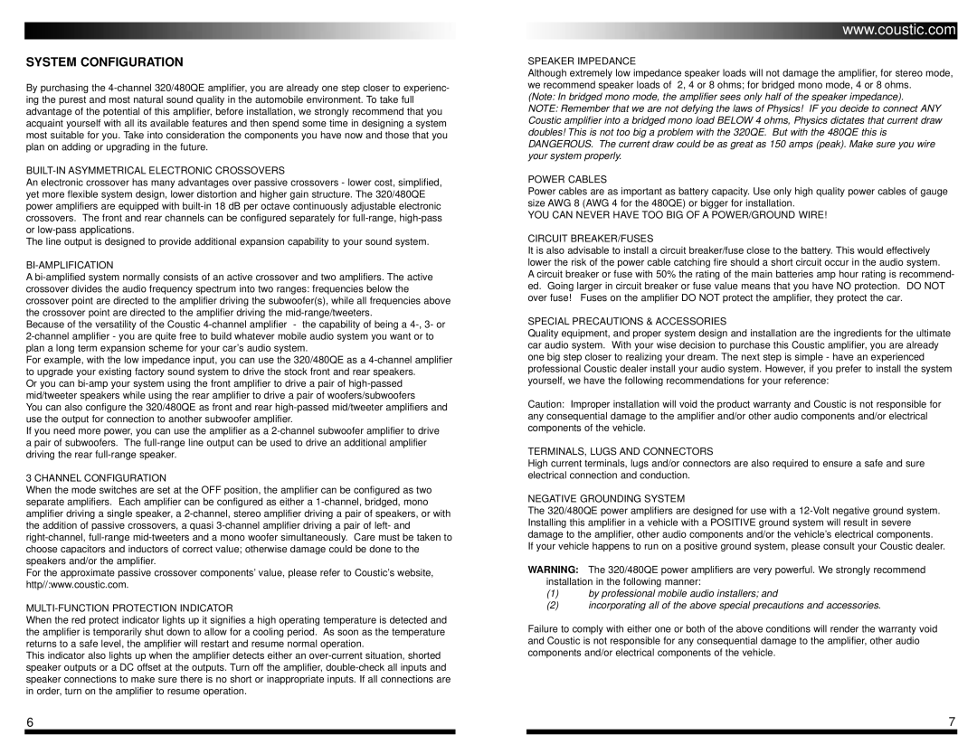Coustic 320QE, & 480QE owner manual System Configuration 