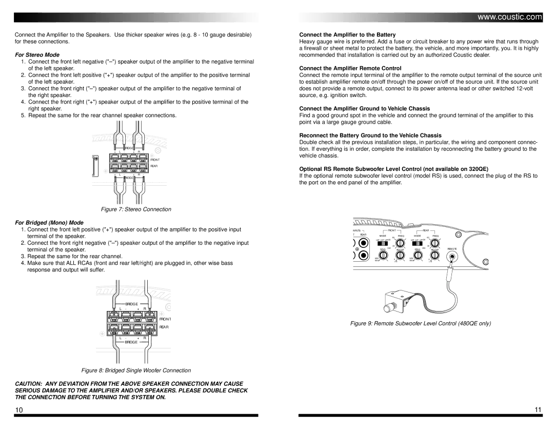 Coustic 320QE, & 480QE owner manual Connect the Amplifier to the Battery, Connect the Amplifier Remote Control 