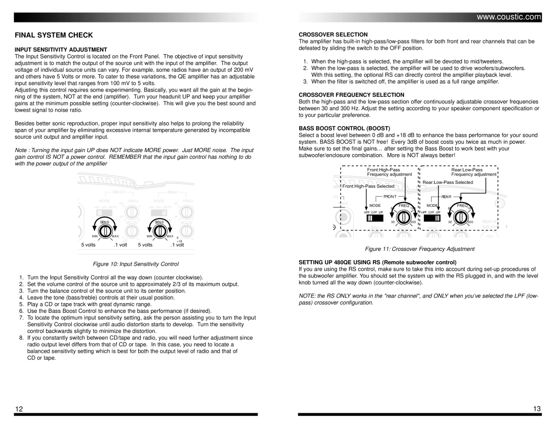 Coustic & 480QE Final System Check, Input Sensitivity Adjustment, Crossover Selection, Crossover Frequency Selection 