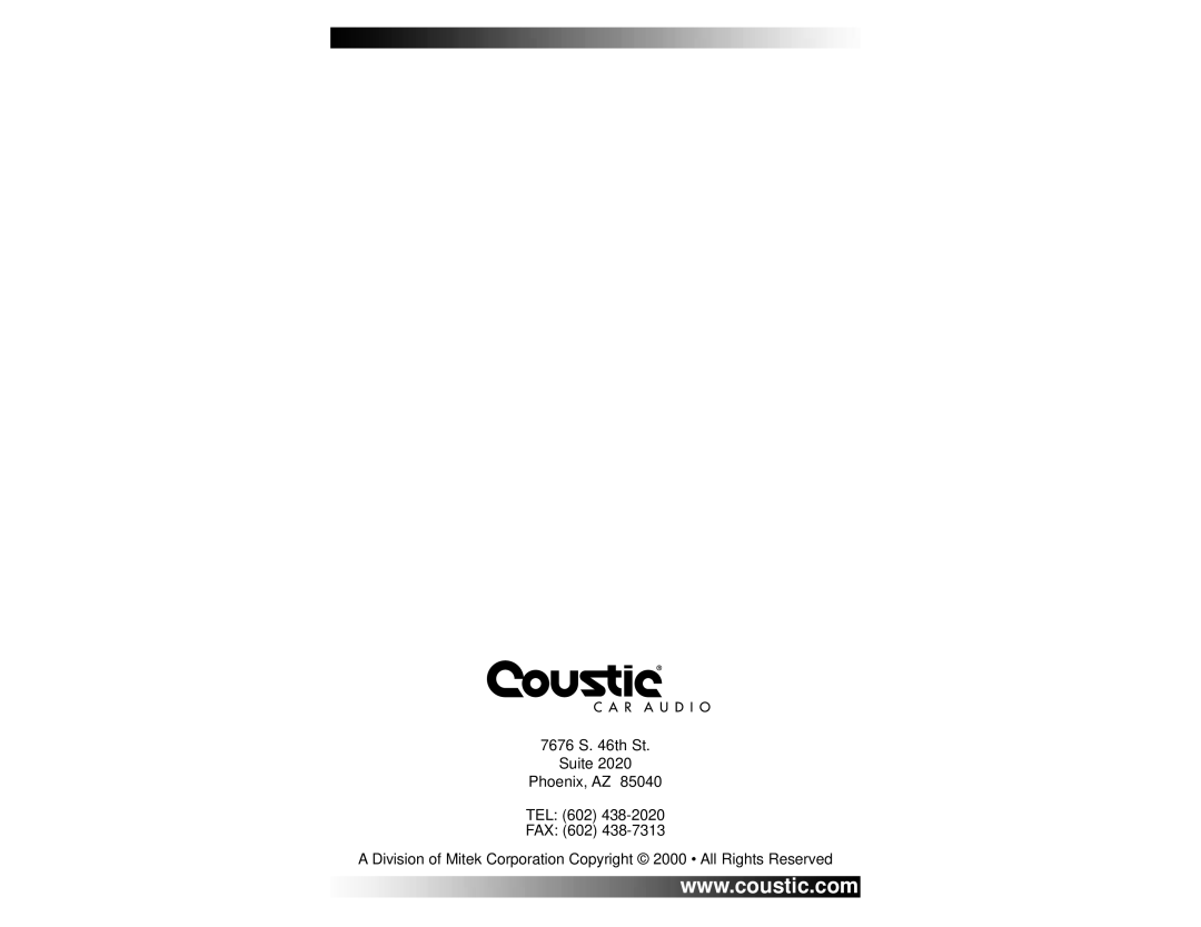 Coustic & 480QE, 320QE owner manual 7676 S. 46th St Suite Phoenix, AZ TEL, Fax 
