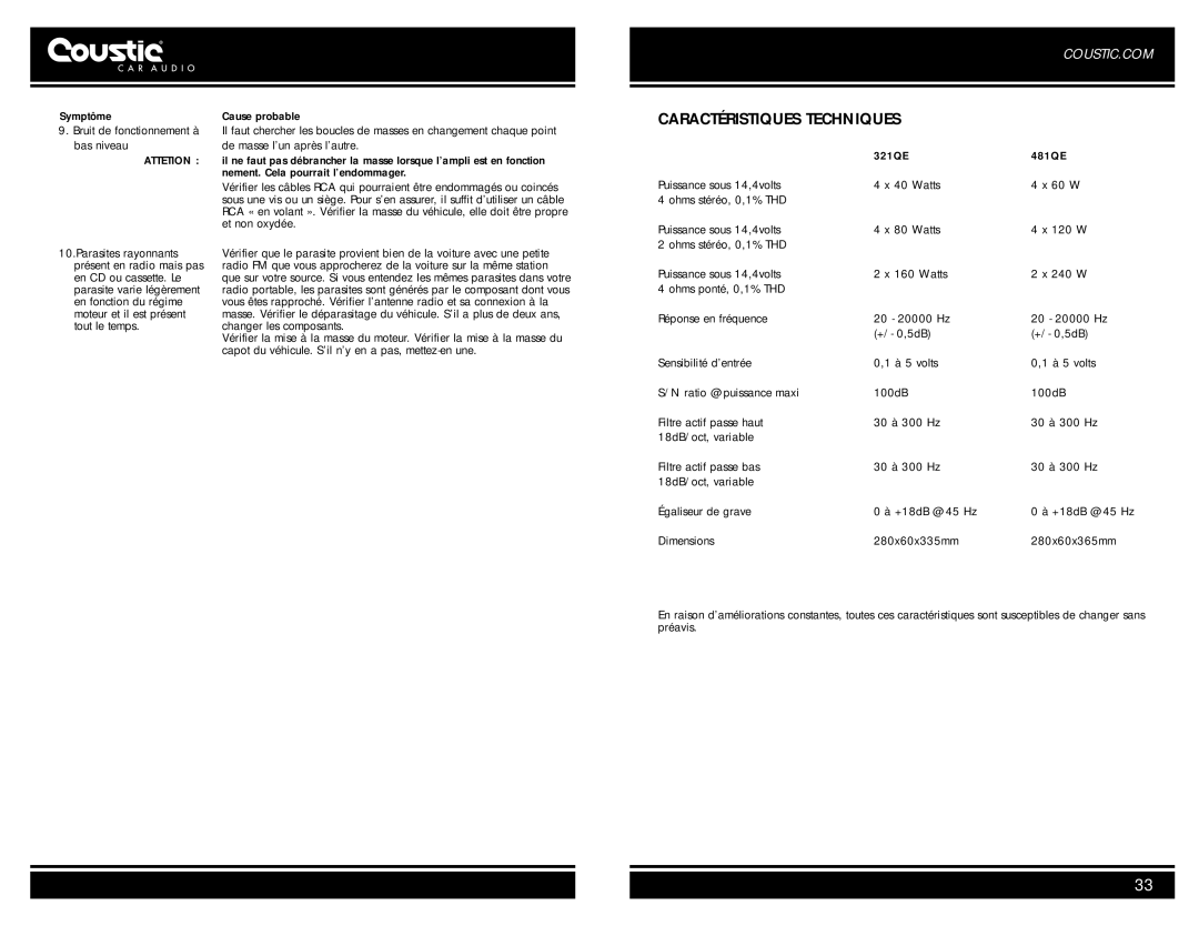 Coustic 481QE, 321QE owner manual Caractéristiques Techniques, Attetion 