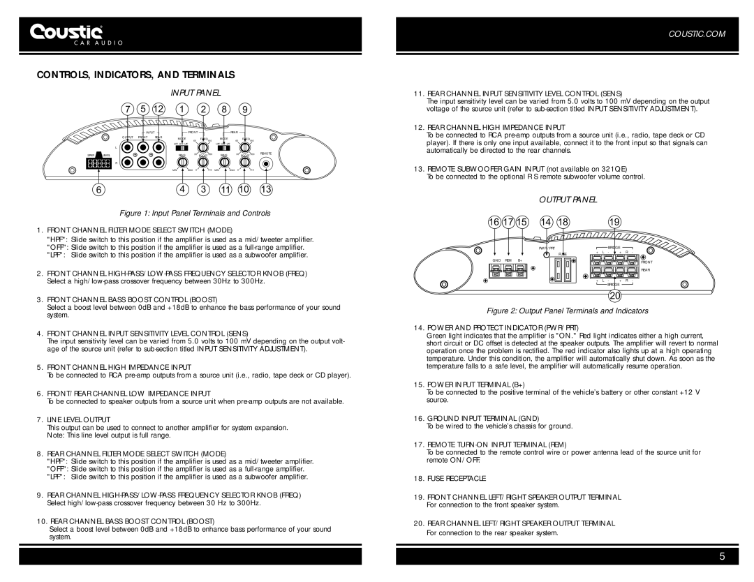 Coustic 481QE, 321QE owner manual CONTROLS, INDICATORS, and Terminals, Output Panel 