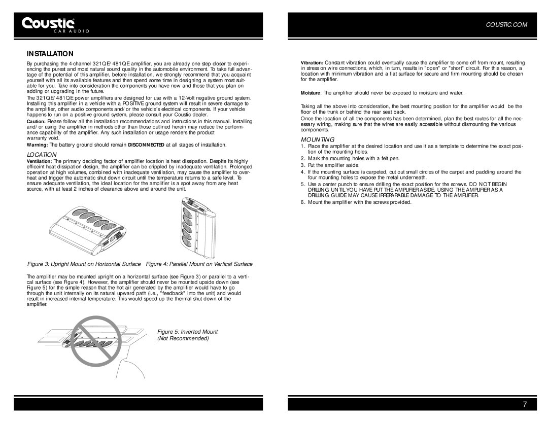 Coustic 321QE, 481QE owner manual Installation, Location, Mounting 