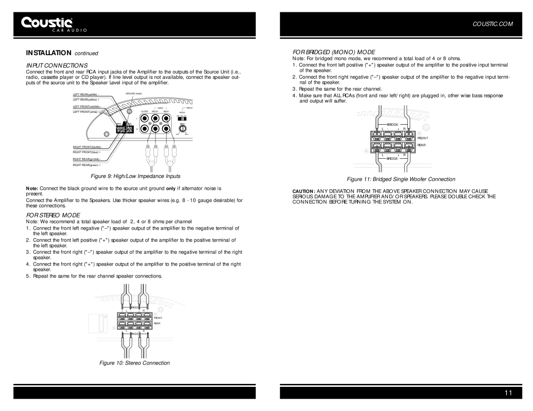 Coustic 321QE, 481QE owner manual Input Connections, For Stereo Mode, For Bridged Mono Mode 