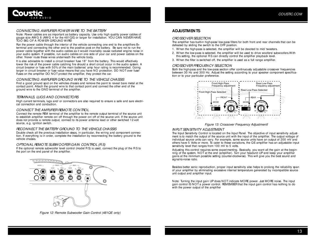 Coustic 481QE, 321QE owner manual Adjustments 