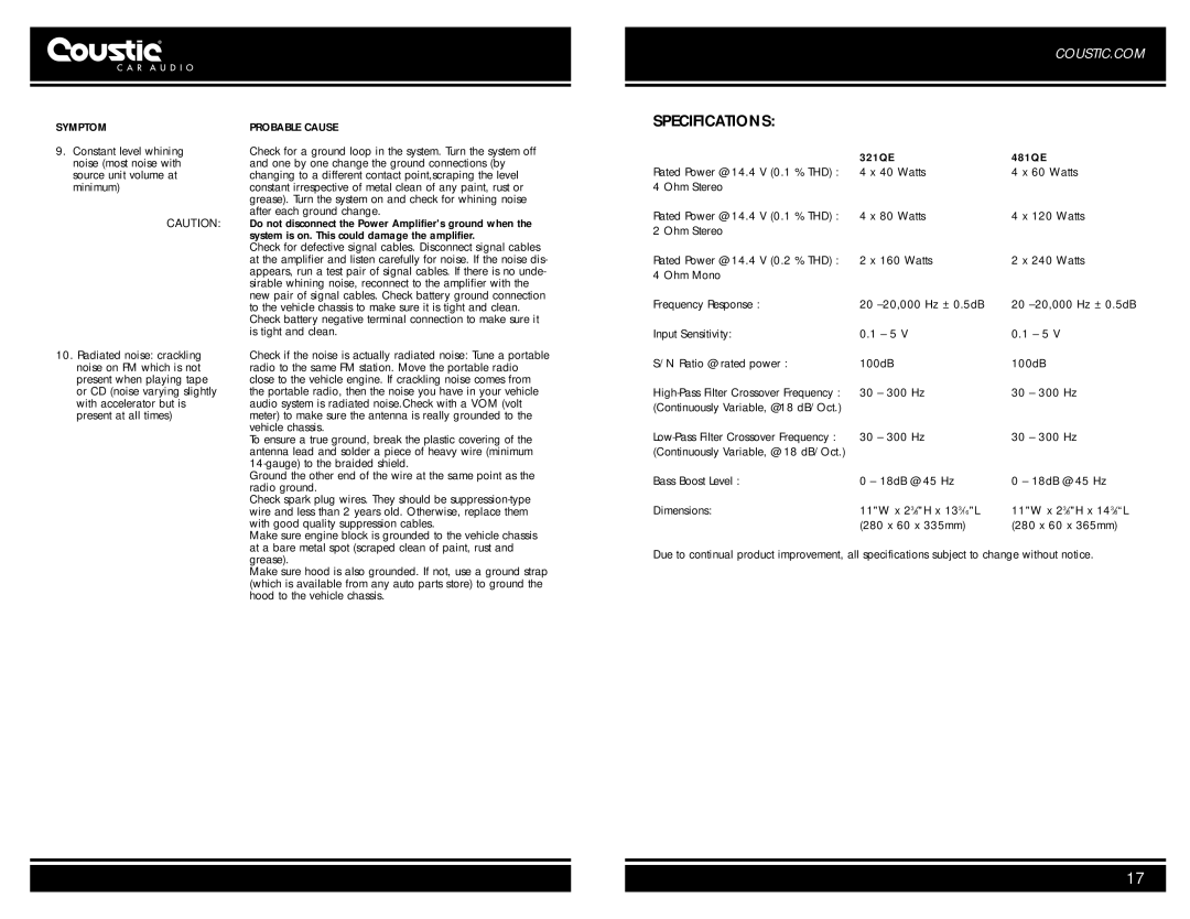 Coustic 481QE, 321QE owner manual Specifications, Symptom 