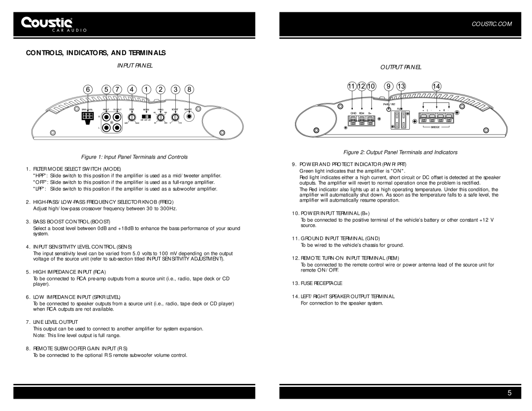 Coustic 601SE, 241SE, 401SE owner manual CONTROLS, INDICATORS, and Terminals, Input Panel 