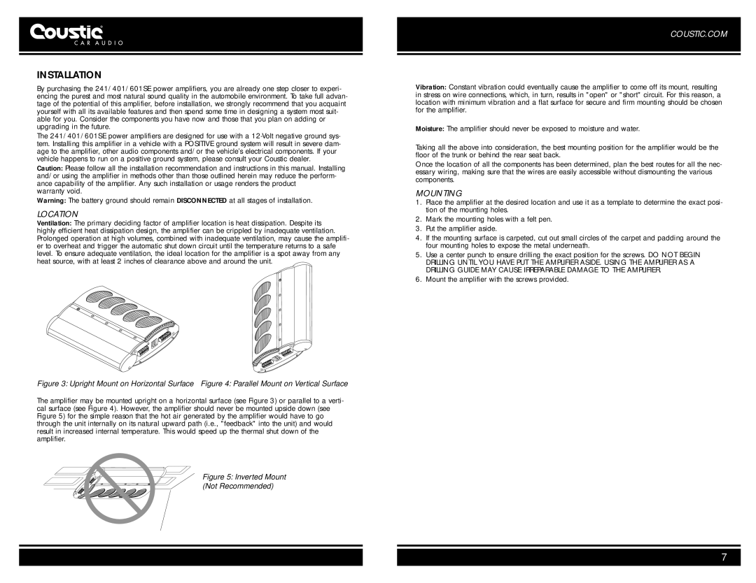 Coustic 241SE, 601SE, 401SE owner manual Installation, Location, Mounting 