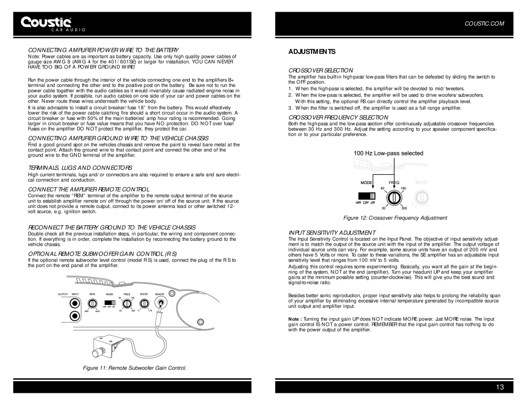 Coustic 241SE, 601SE, 401SE owner manual Adjustments 