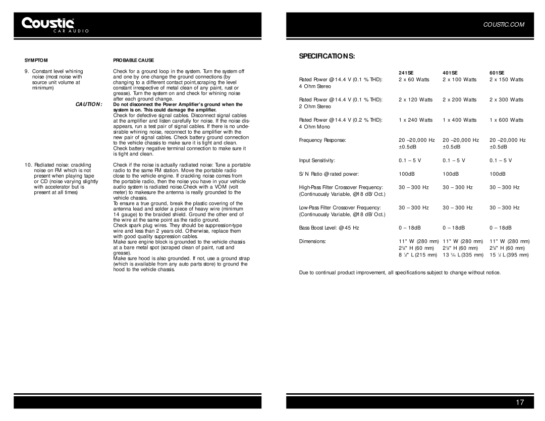 Coustic 601SE, 241SE, 401SE owner manual Specifications, Symptom 