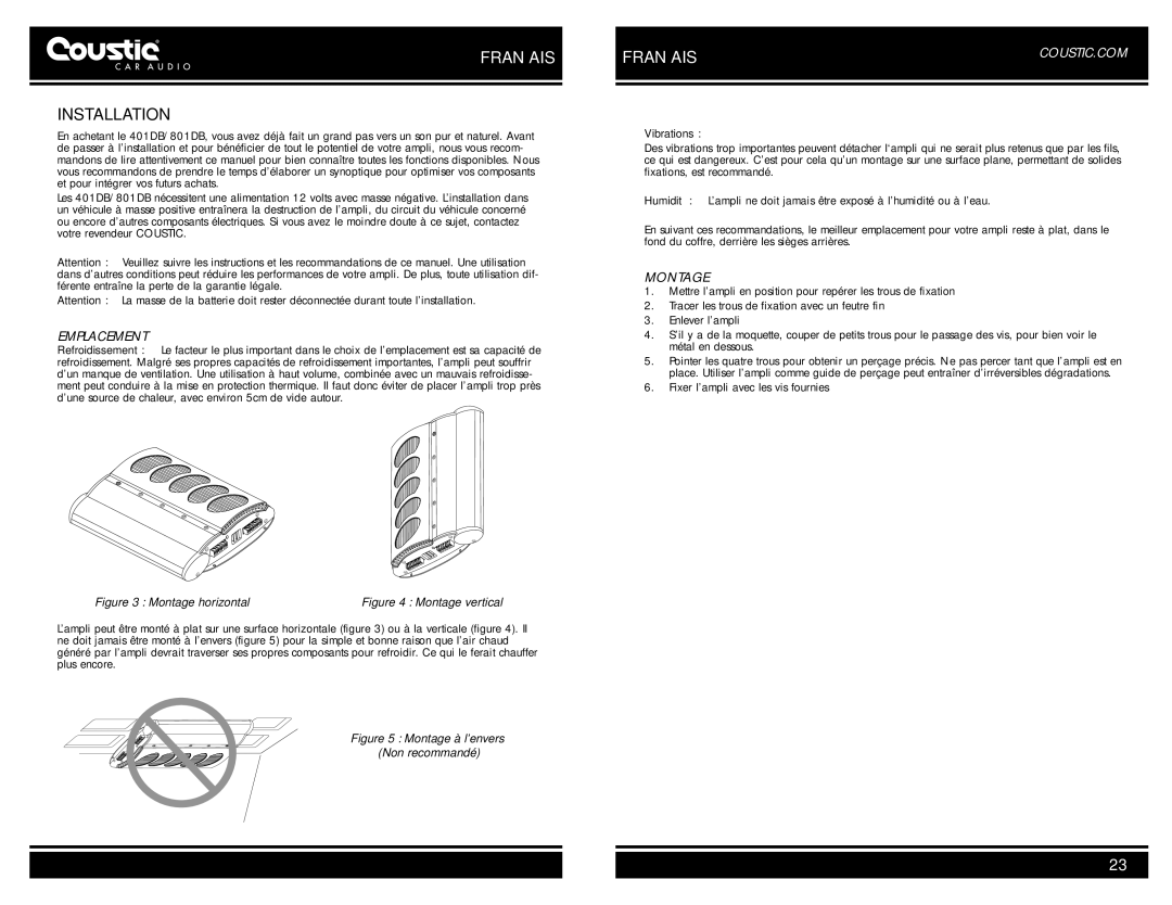 Coustic AMP-401DB, AMP-801DB owner manual Emplacement, Montage 