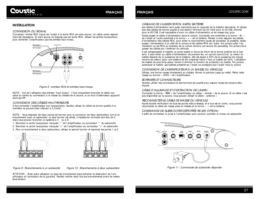 Coustic AMP-401DB Connexion DU Signal, Connexion DES Câbles HAUT-PARLEURS, Câblage DE L’ALIMENTATION AMPLI/BATTERIE 