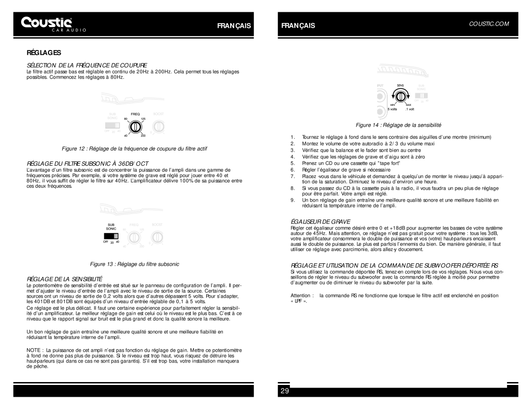 Coustic AMP-801DB, AMP-401DB Réglages, Sélection DE LA Fréquence DE Coupure, Réglage DU Filtre Subsonic À 36DB/OCT 