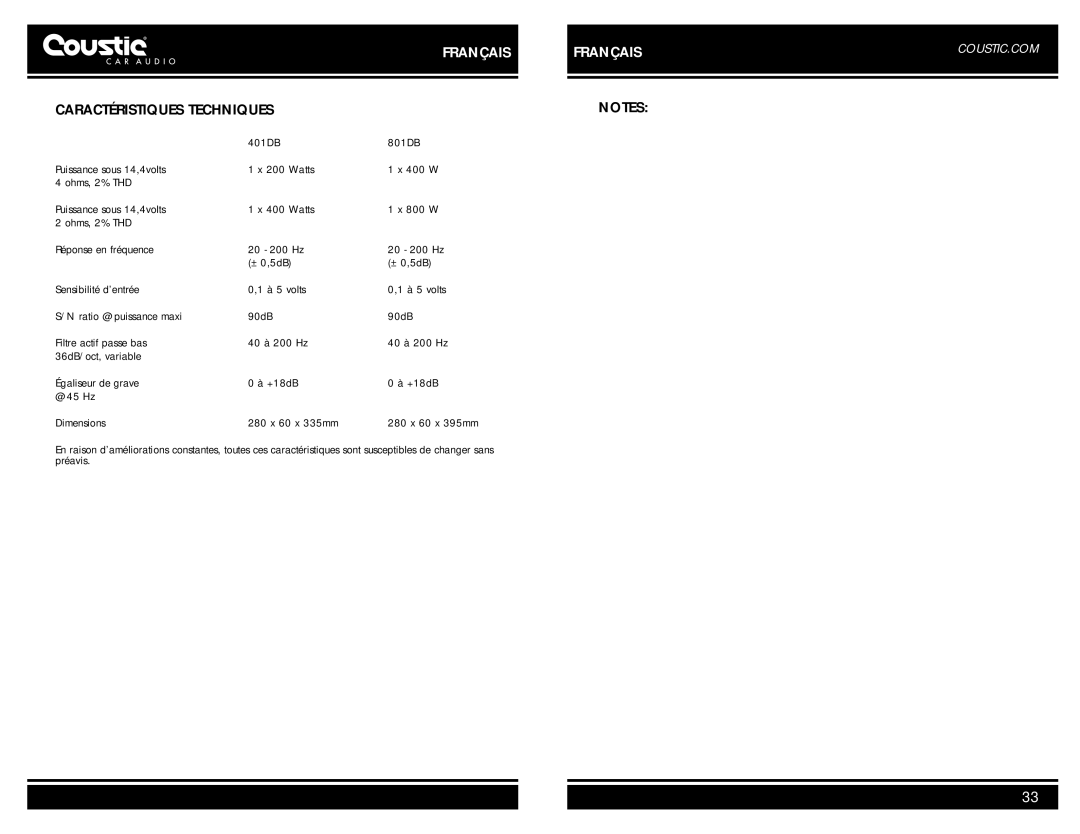 Coustic AMP-801DB, AMP-401DB owner manual Caractéristiques Techniques 