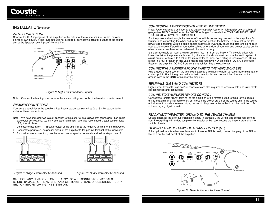 Coustic AMP-401DB, AMP-801DB Input Connections, Speaker Connections, Connecting Amplifier Power Wire to the Battery 