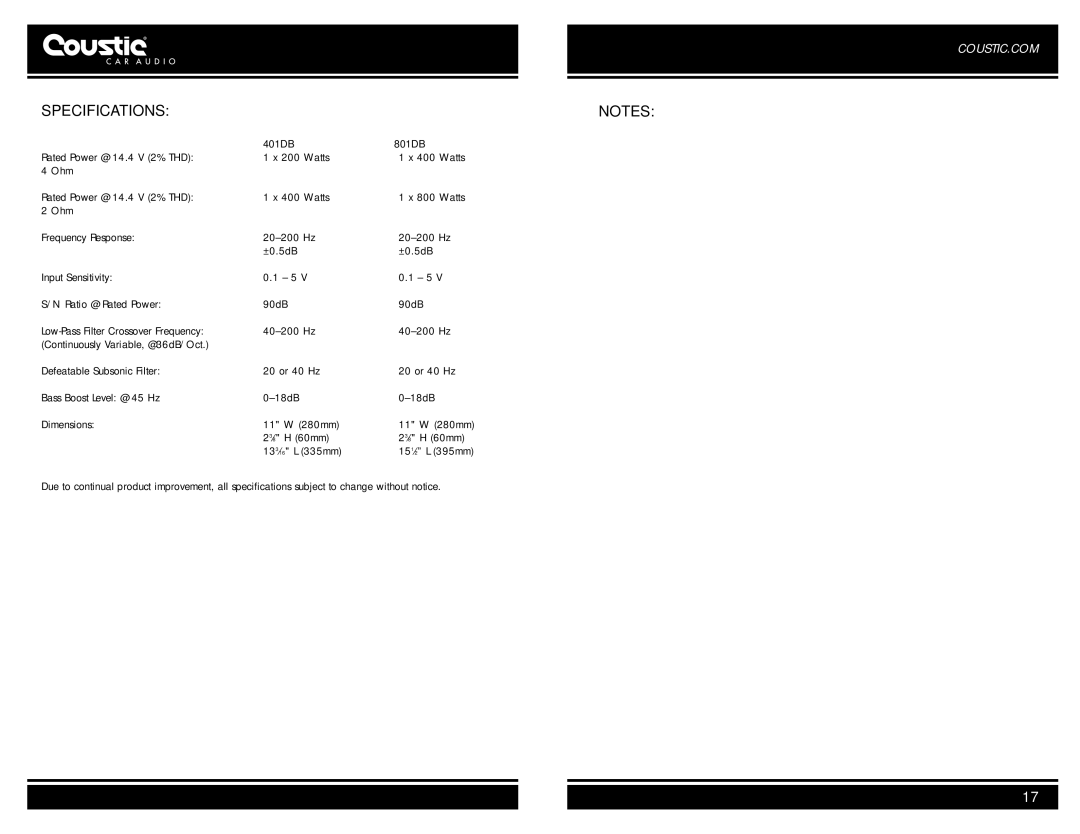 Coustic AMP-801DB, AMP-401DB owner manual Specifications, 401DB 801DB 