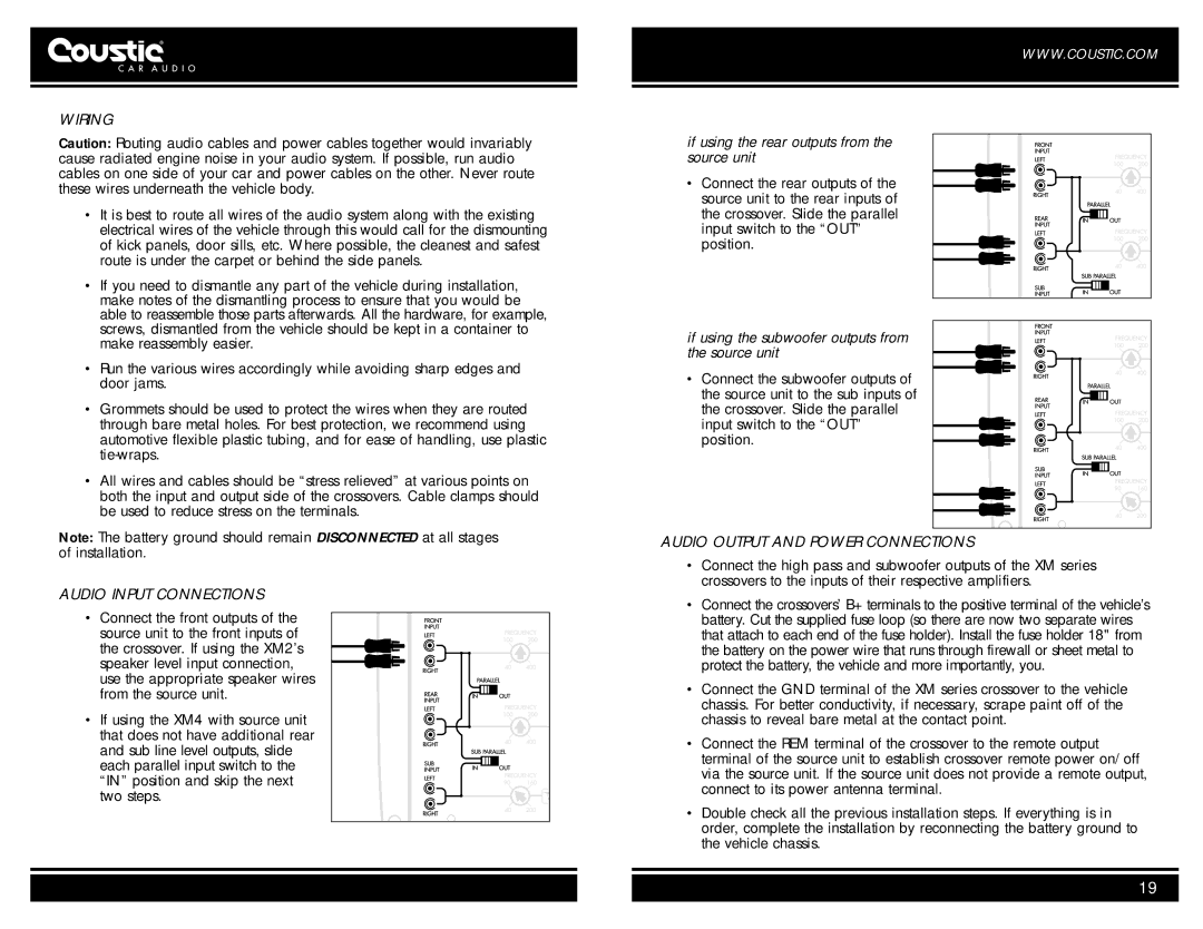 Coustic car audio owner manual Wiring, Audio Input Connections, Audio Output and Power Connections 