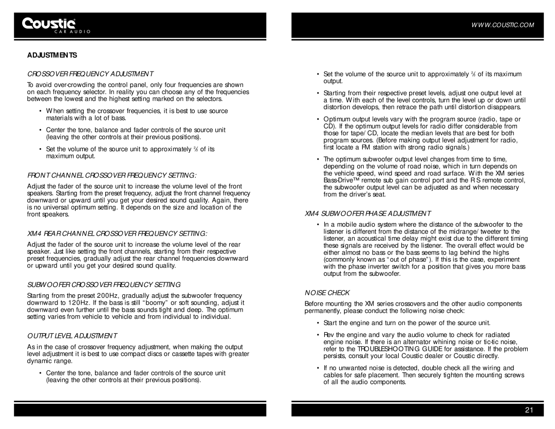 Coustic car audio owner manual Adjustments 