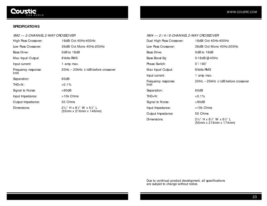 Coustic car audio owner manual Specifications, XM2 2-CHANNEL 2-WAY Crossover, XM4 2-/4-/6-CHANNEL 2-WAY Crossover 