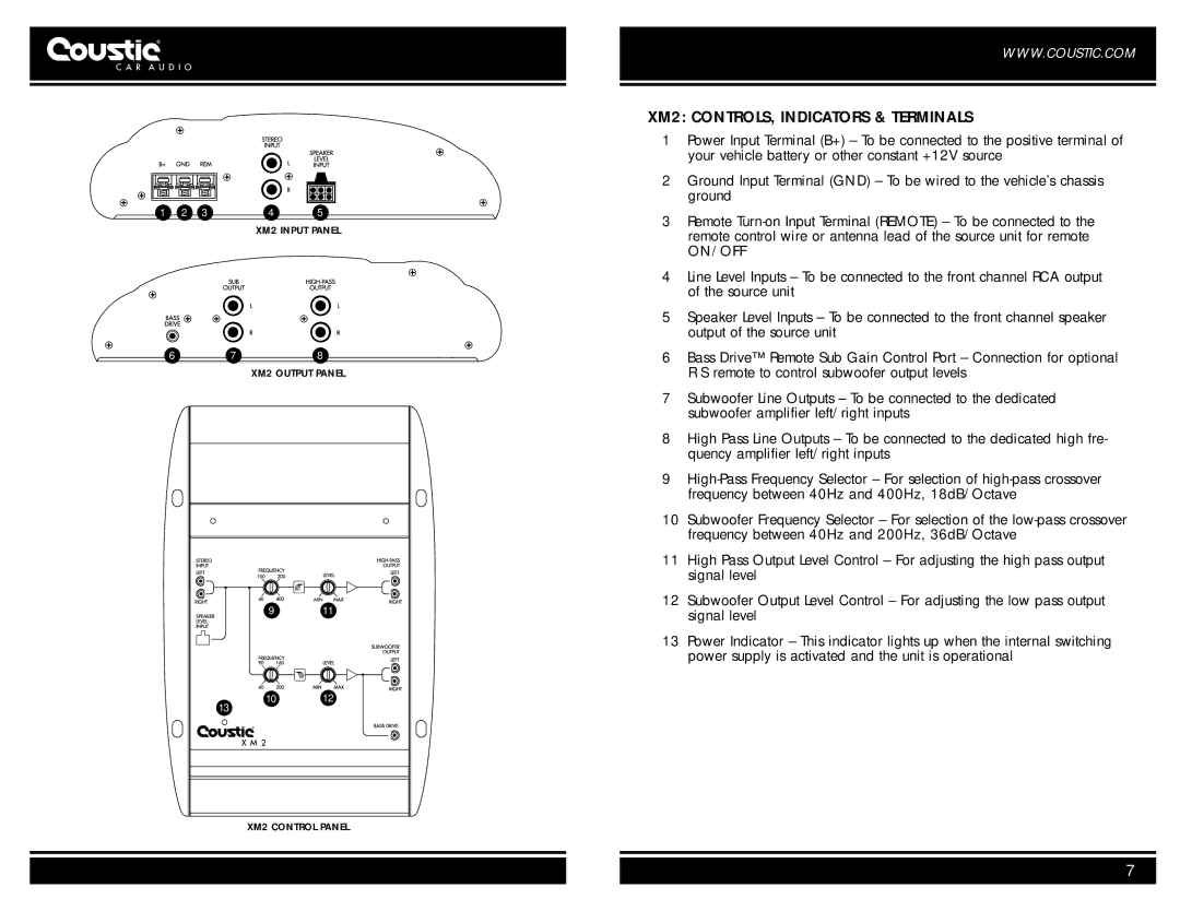 Coustic car audio owner manual XM2 CONTROLS, Indicators & Terminals, On/Off 