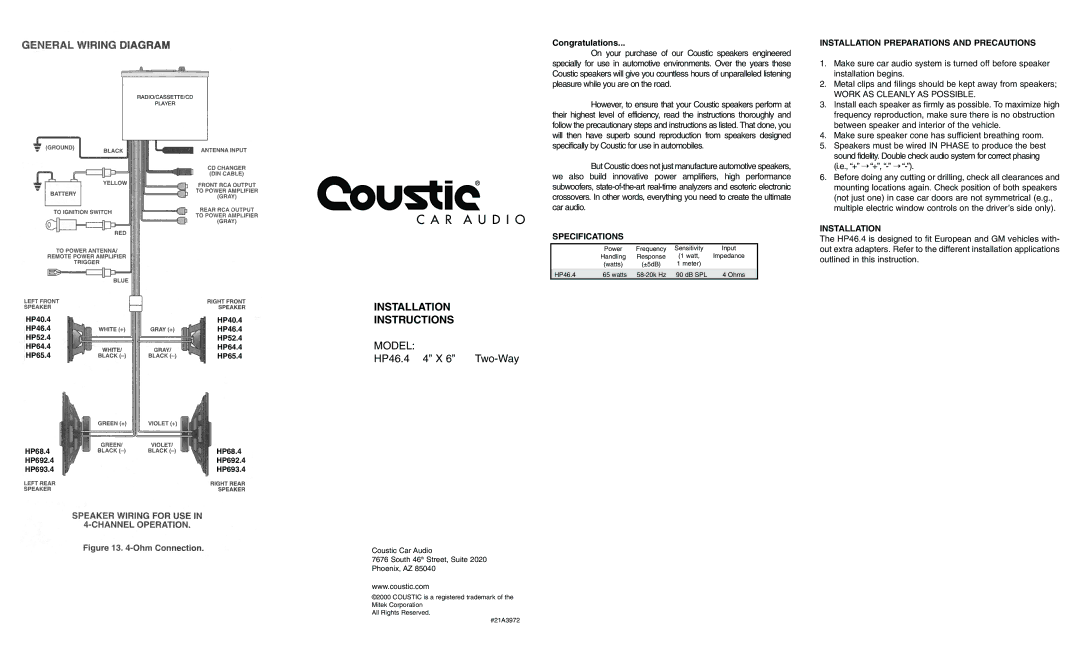 Coustic manual Installation Instructions, Model, HP46.4 4 X 6 Two-Way 