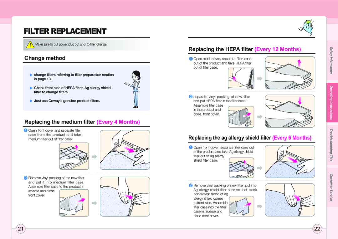 Coway AP-1005AH user manual Filter Replacement, Change method, Replacing the Hepa filter Every 12 Months 