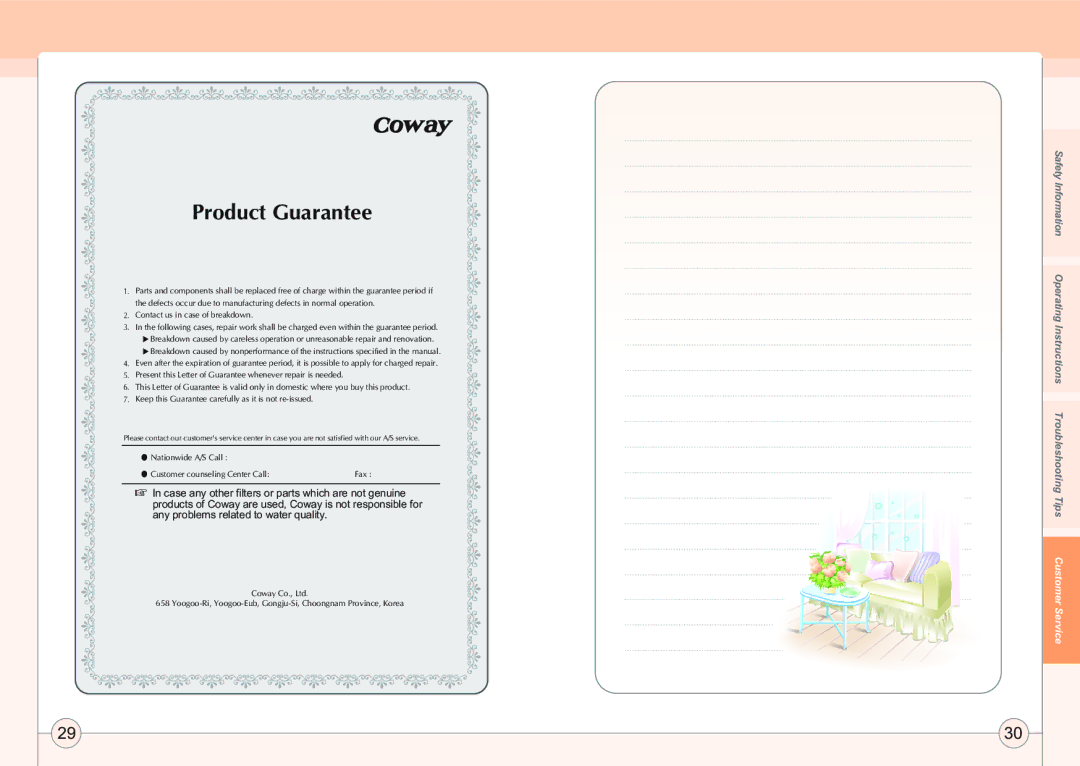 Coway AP-1005AH user manual Product Guarantee 