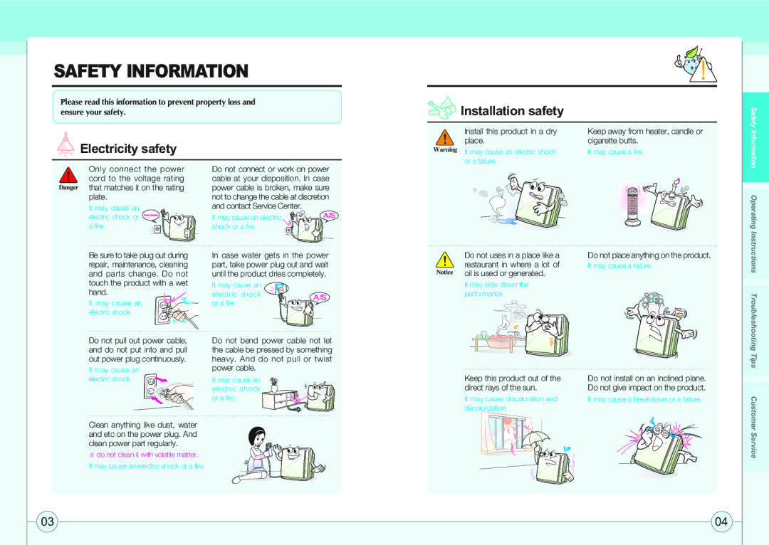 Coway AP-1005AH user manual Installation safety, Electricity safety 