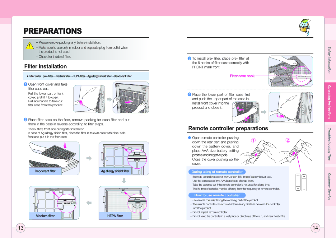 Coway AP-1005AH user manual Preparations, Filter installation, Remote controller preparations 