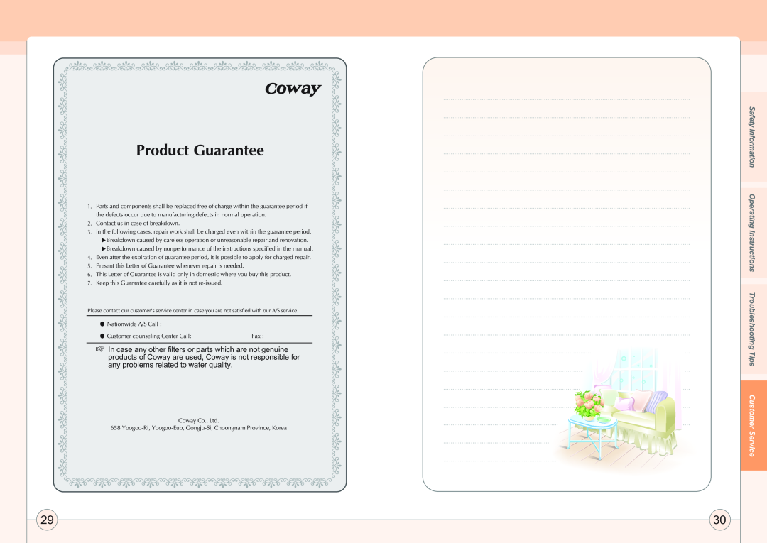 Coway AP-1005AH user manual Product Guarantee 