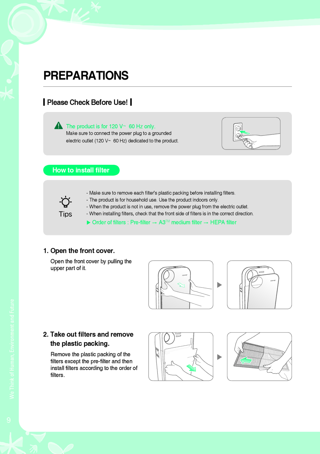 Coway AP-1008BH, AP-1008CH warranty Preparations, Please Check Before Use, How to install filter, Open the front cover 