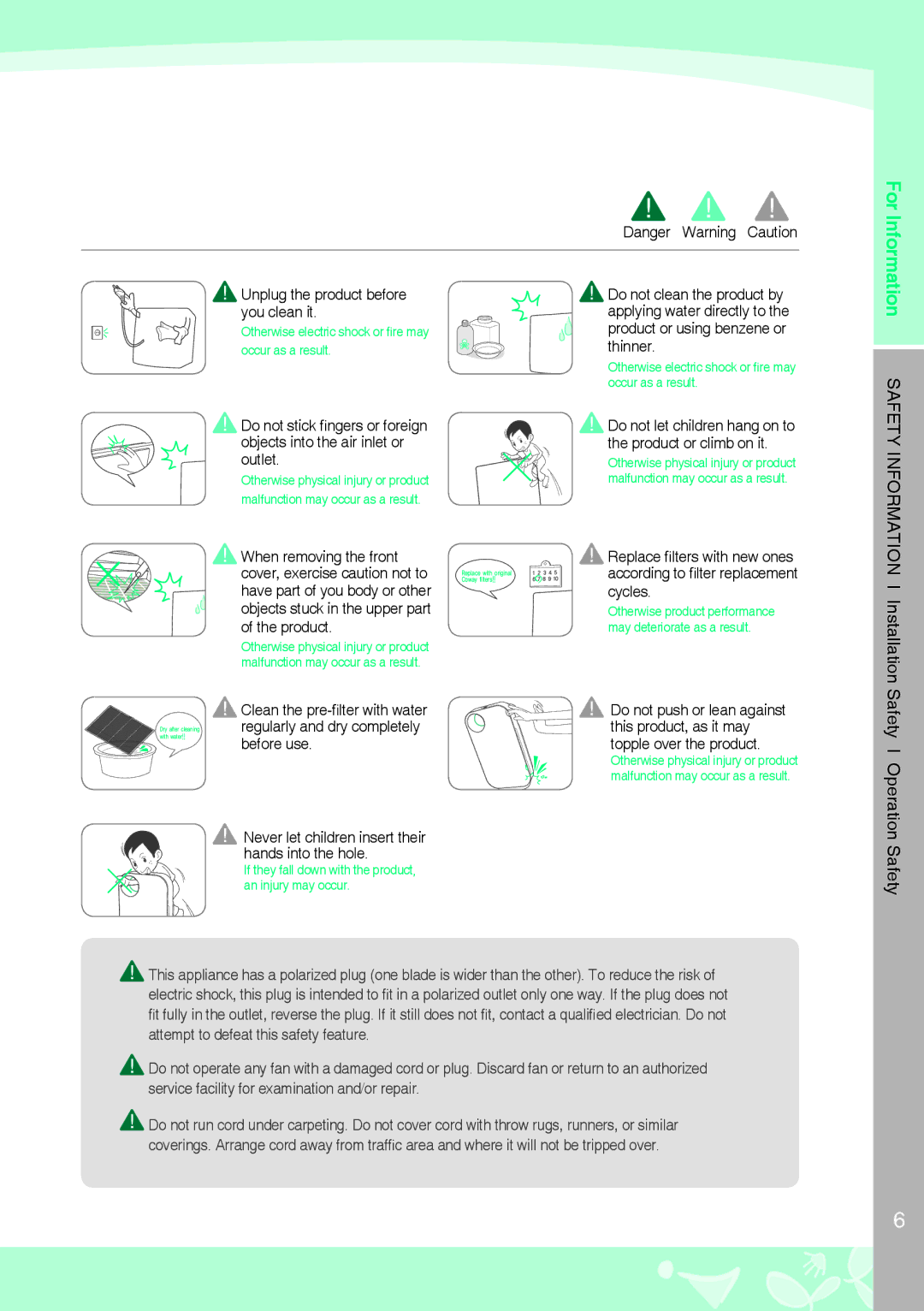 Coway AP-1008CH Unplug the product before you clean it, Outlet, Do not let children hang on to the product or climb on it 