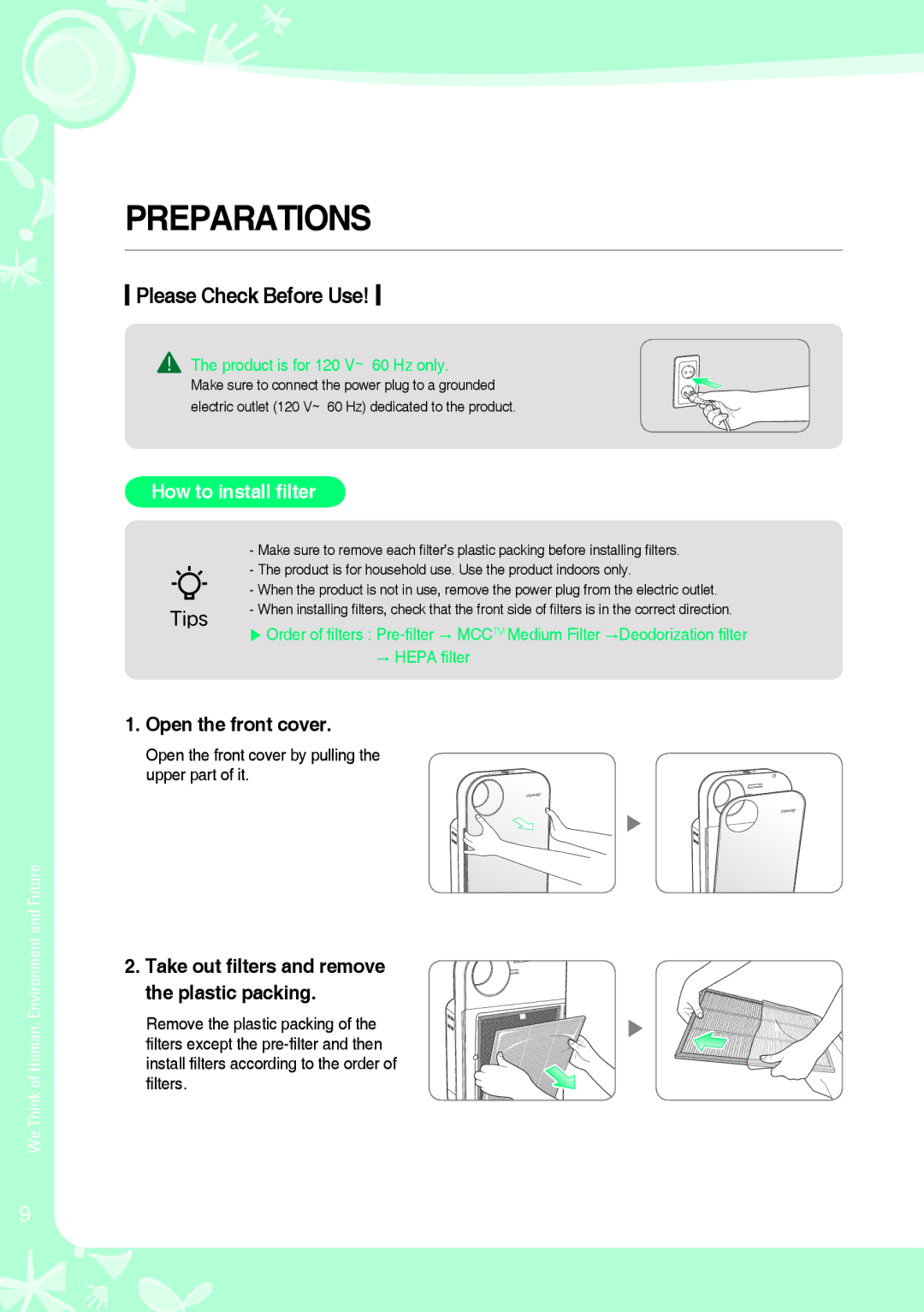 Coway AP-1008DH warranty Preparations, Please Check Before Use, Open the front cover 