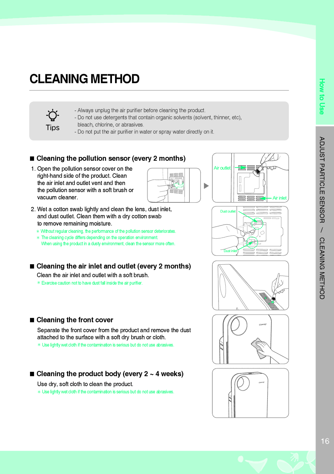 Coway AP-1008DH warranty Cleaning the air inlet and outlet every 2 months, Cleaning the front cover 