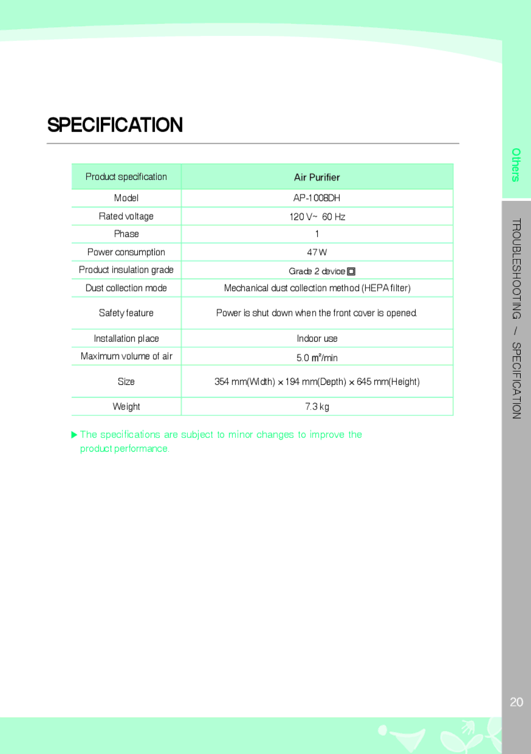 Coway AP-1008DH warranty Specification, Product specification Air Purifier 