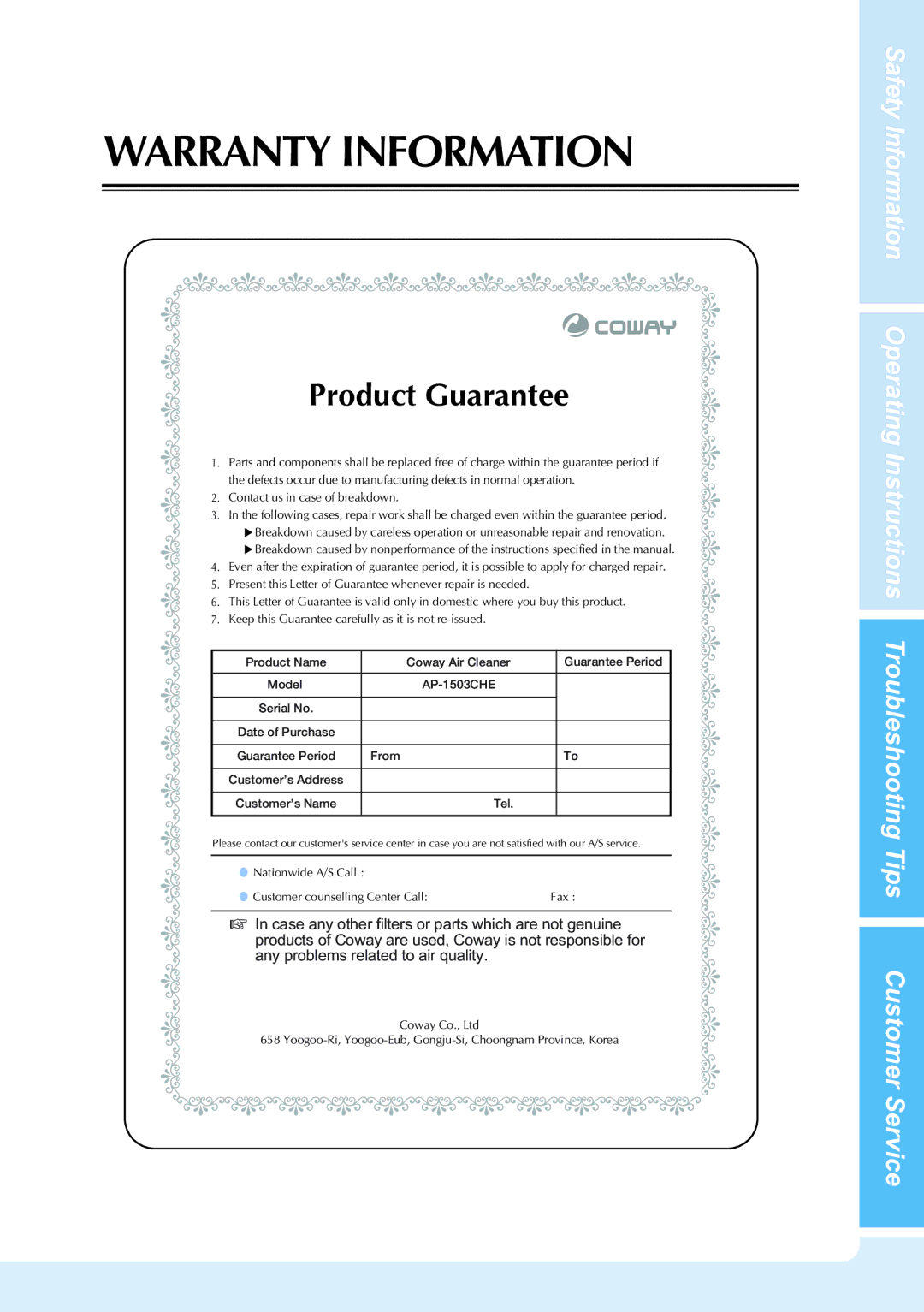 Coway AP-1503CHE manual Warranty Information, Product Guarantee 