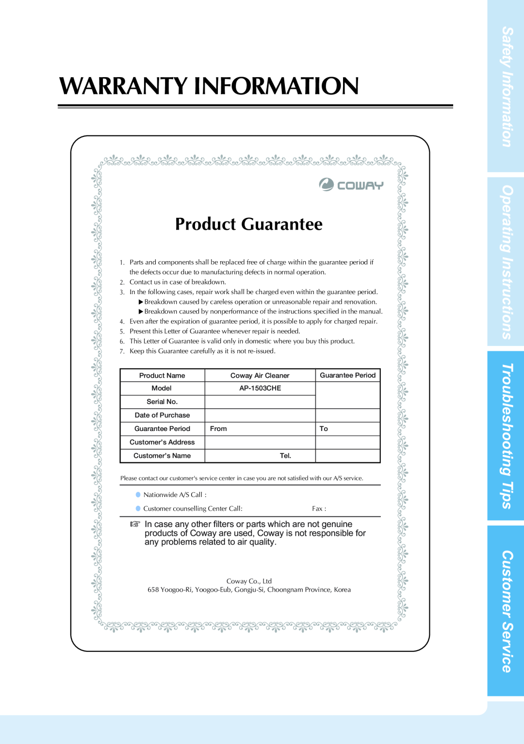 Coway AP-1503CHE manual Warranty Information, Product Guarantee, Customer Service 