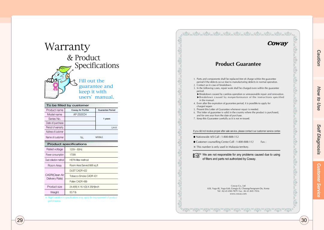 Coway AP-2505CH manual Warranty 