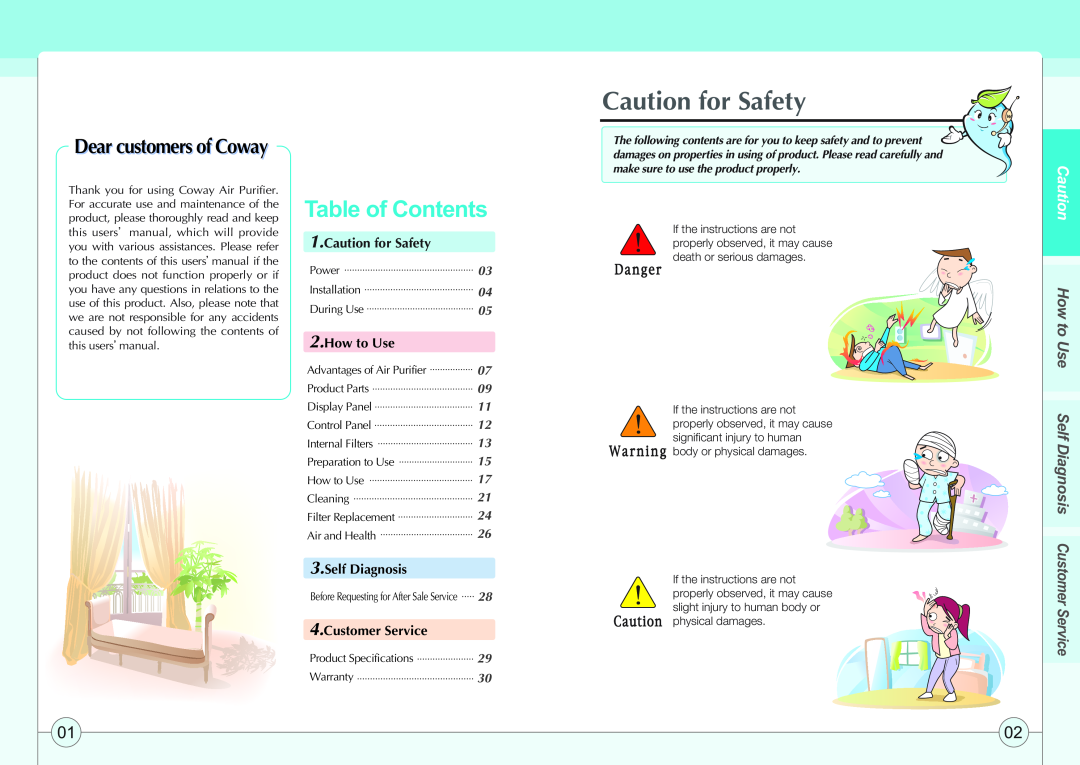 Coway AP-2505CH Caution for Safety, How to Use Self Diagnosis Customer Service, Table of Contents, Dear customers of Coway 