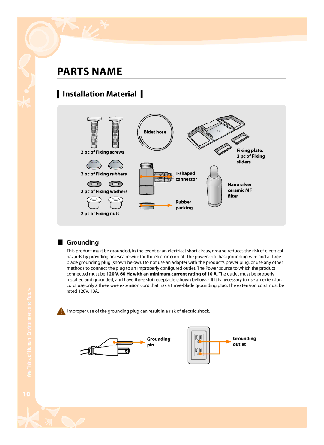 Coway BA07-E, BA07-R Installation Material,  Grounding, Pc of Fixing screws, Sliders, Grounding pin Grounding outlet 