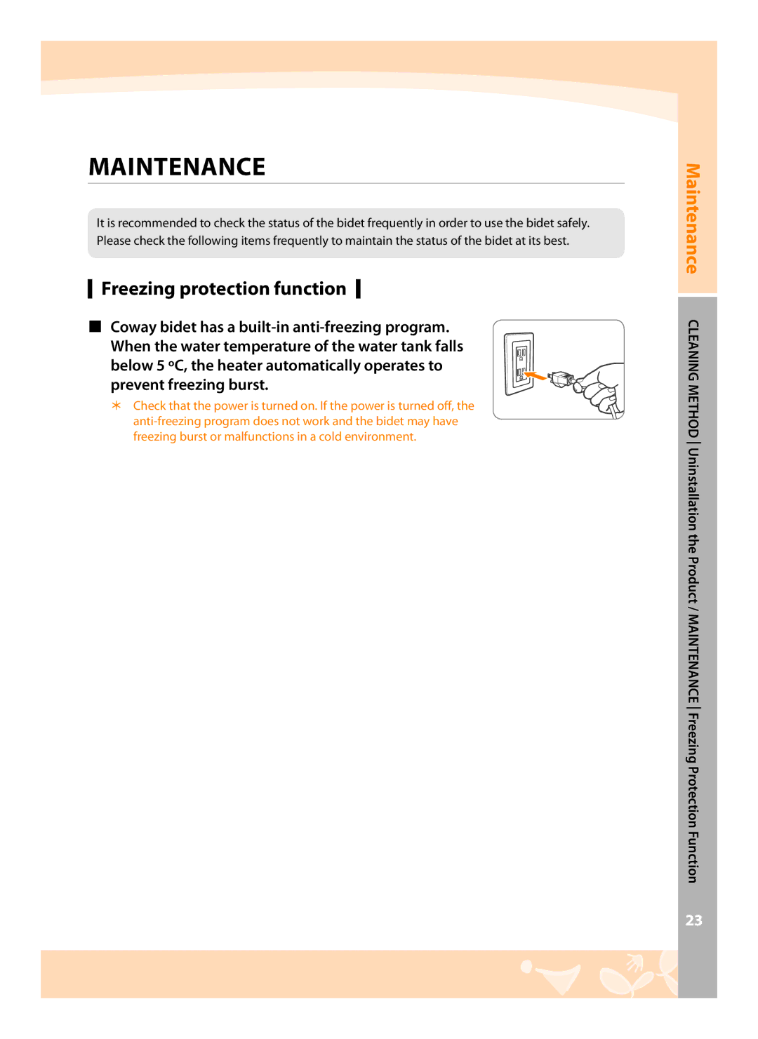 Coway BA07-R, BA07-E user manual Maintenance, Freezing protection function 